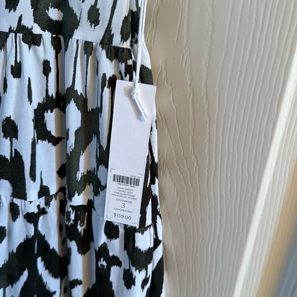 CHICO'S MAXI DRESS  Ikat Tiered Maxi Dress In Primordial Forest POCKETS 3 /16